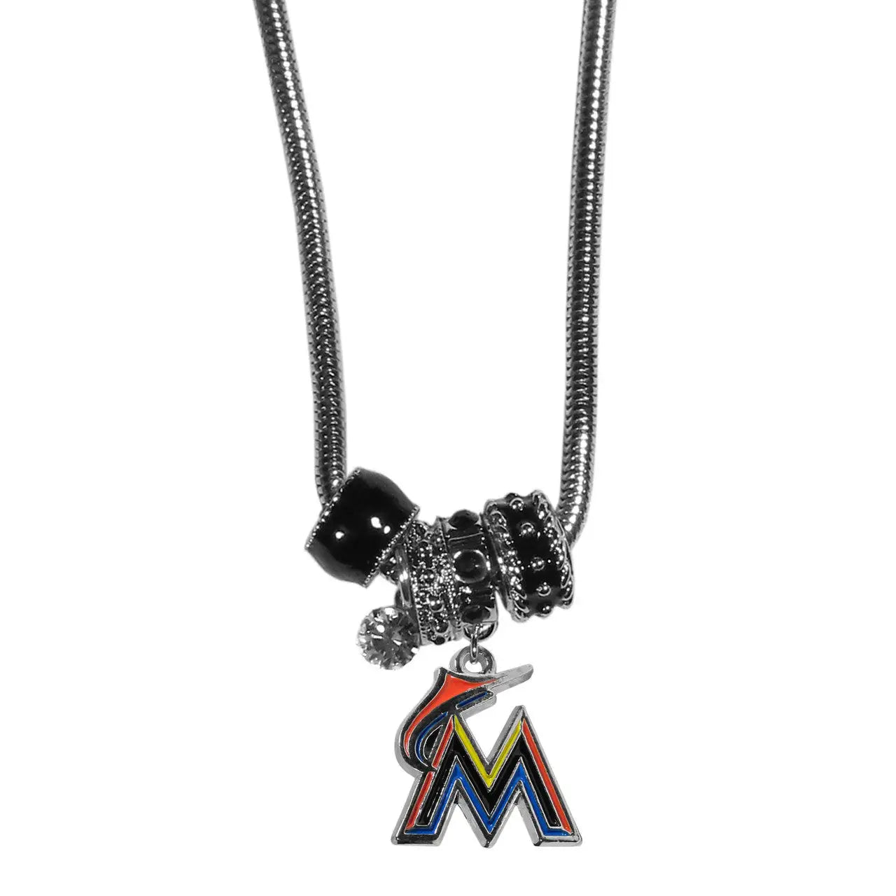 Bead necklace featuring Miami Marlins logo charm and decorative beads on snake chain