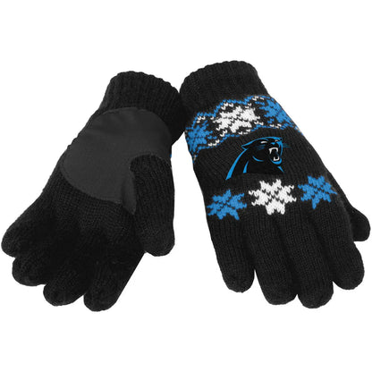 Officially licensed NFL gloves feature a black knit design with snowflake pattern and logo