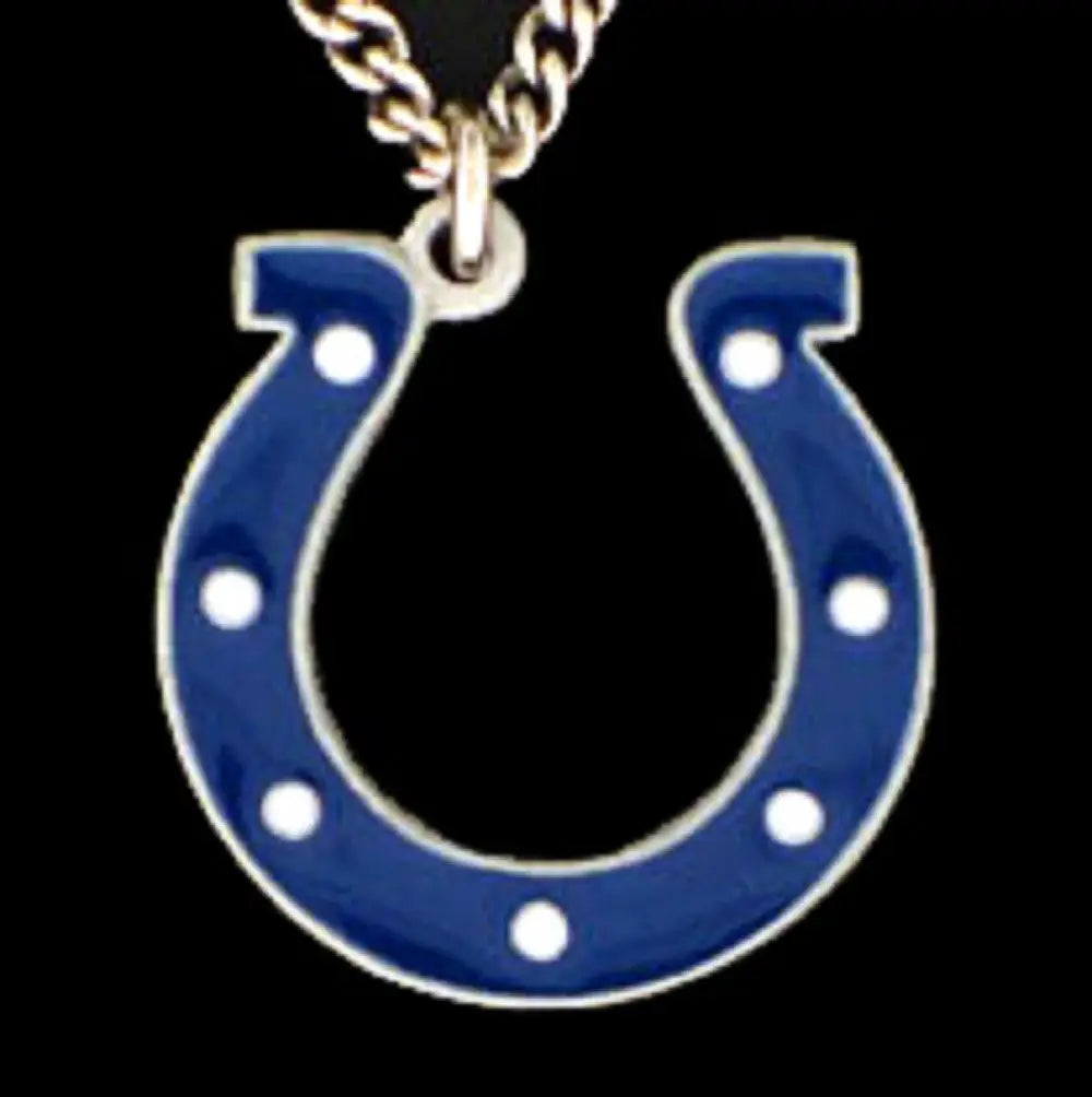 Blue horseshoe-shaped NFL team pendant with white dots on a silver chain necklace