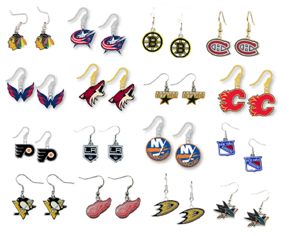 Officially licensed NHL team dangle earrings featuring various hockey franchise logos