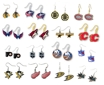 Officially licensed NHL team dangle earrings featuring various hockey franchise logos