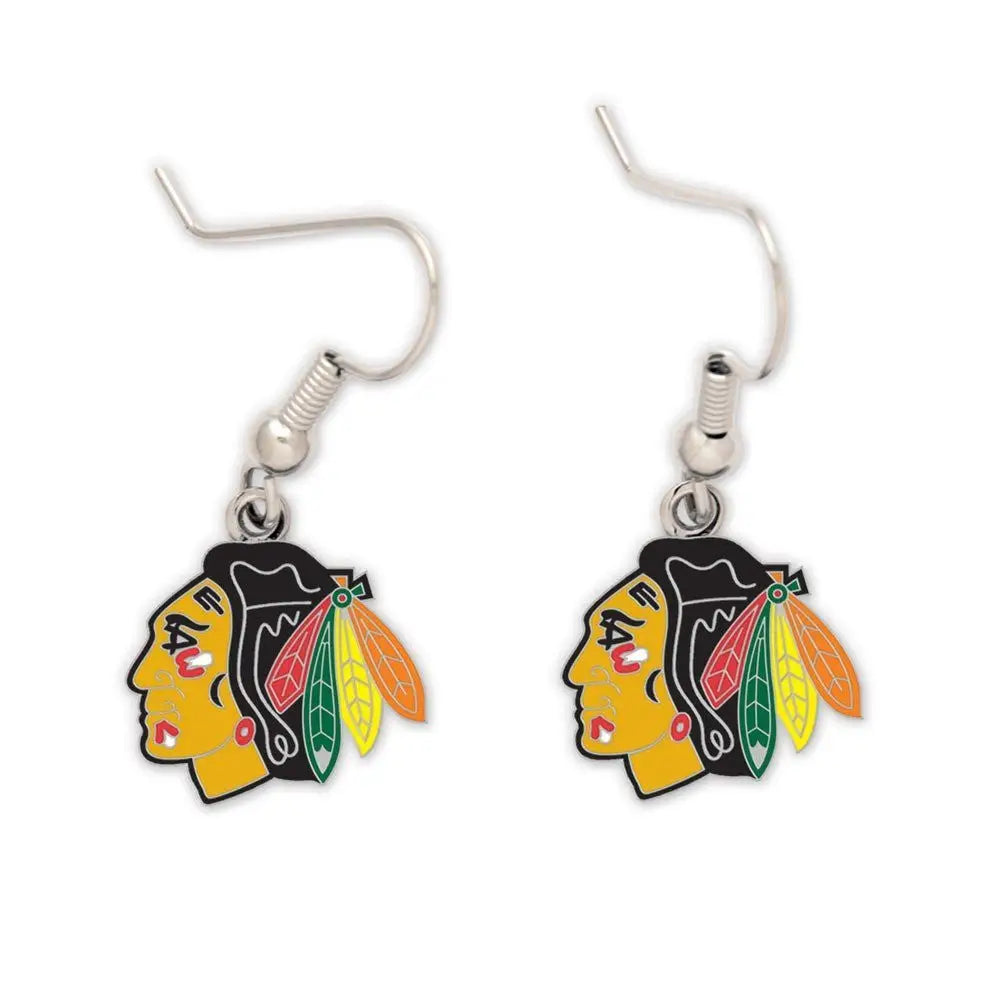 Officially licensed NHL team dangle earrings featuring Chicago Blackhawks logo design