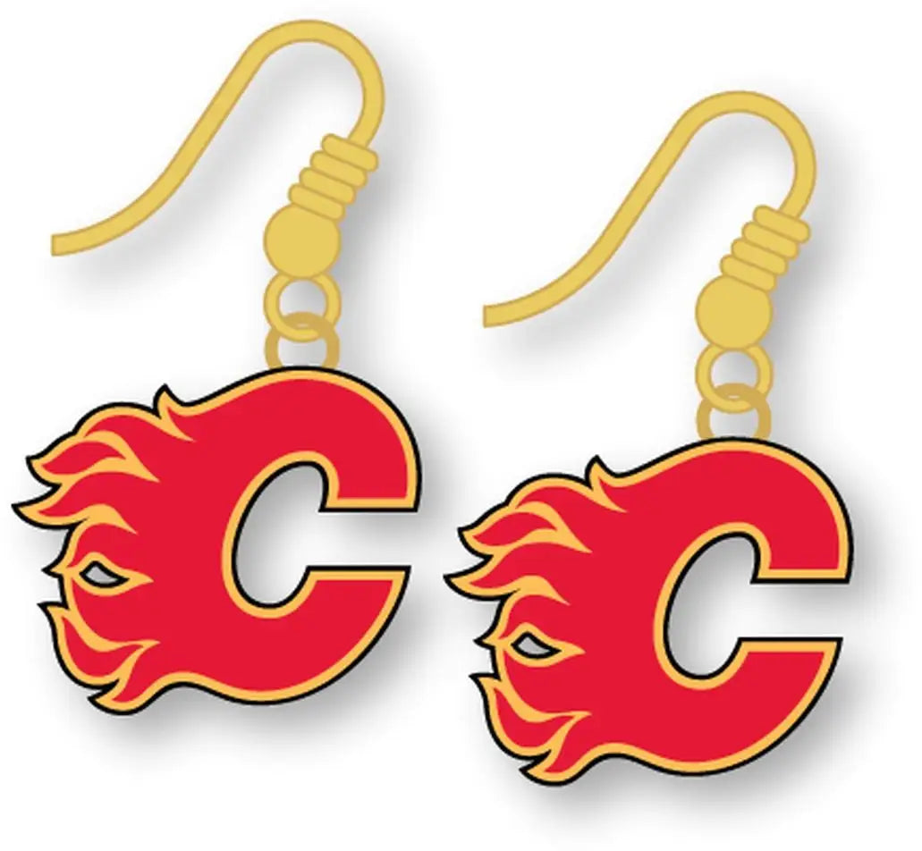 Calgary Flames officially licensed NHL dangle earrings with gold-colored hooks