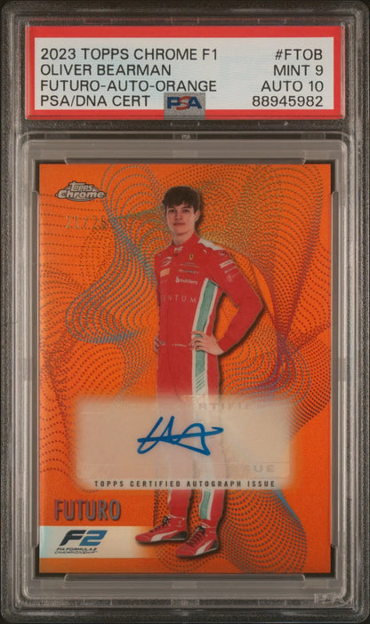 PSA-graded Oliver Bearman 2023 Topps Chrome Formula 1 orange autographed card in case