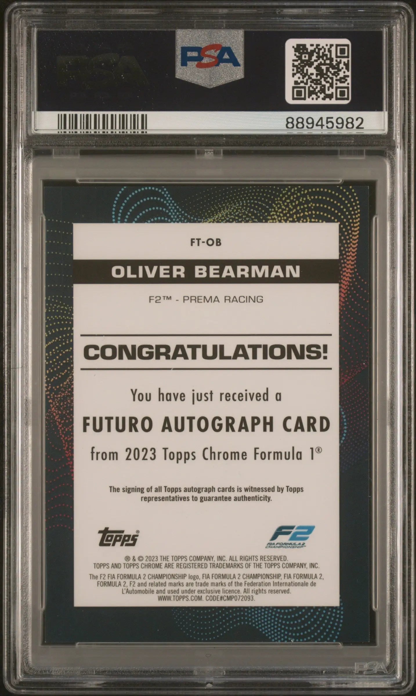 PSA 9 Oliver Bearman 2023 Topps Chrome Formula 1 autograph redemption card 21/25