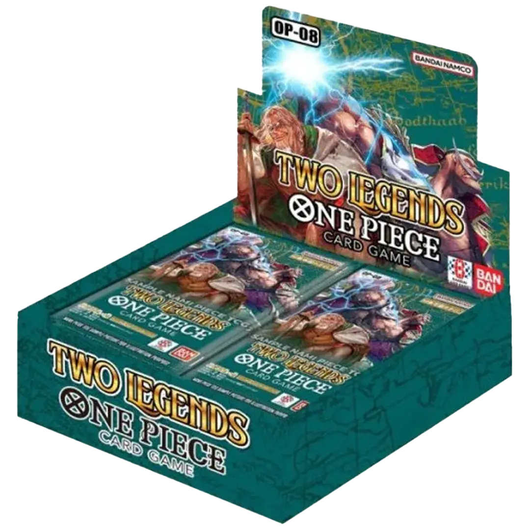 Display box of One Piece trading cards with Two Legends Booster Packs OP-08