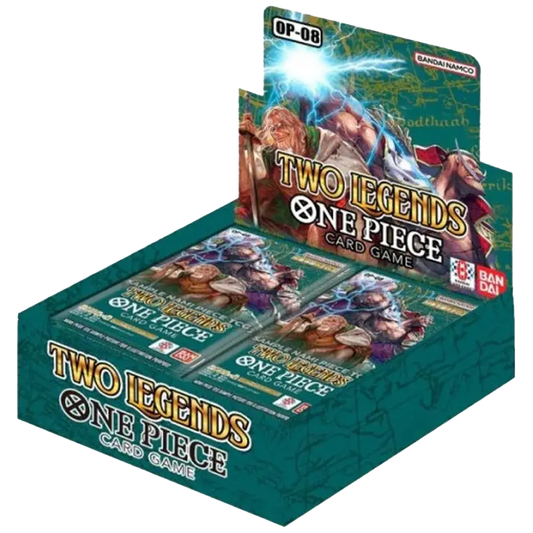 Display box of One Piece trading cards with Two Legends Booster Packs OP-08