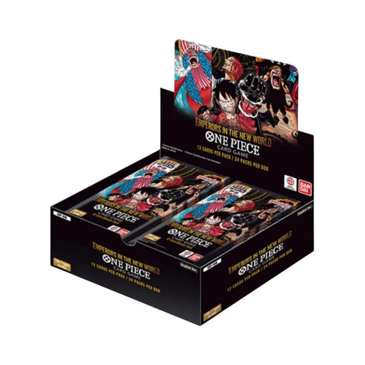 One Piece Emperors in the New World Booster Box showcasing dark packaging and anime characters