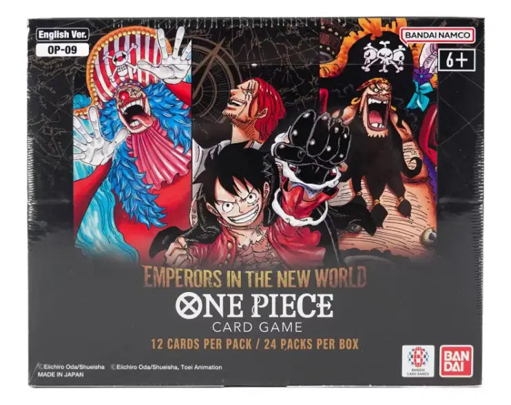 One Piece TCG Emperors in the New World box featuring four emperors anime characters