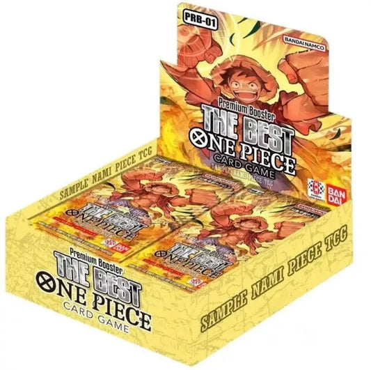 One Piece TCG The Best Booster Box with vibrant yellow and orange artwork on trading cards