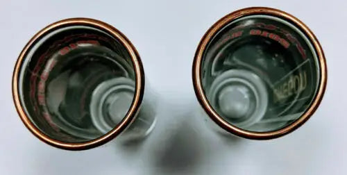 Two empty Oregon Ducks shot glasses showcasing original gloss from the 2010 Rose Bowl