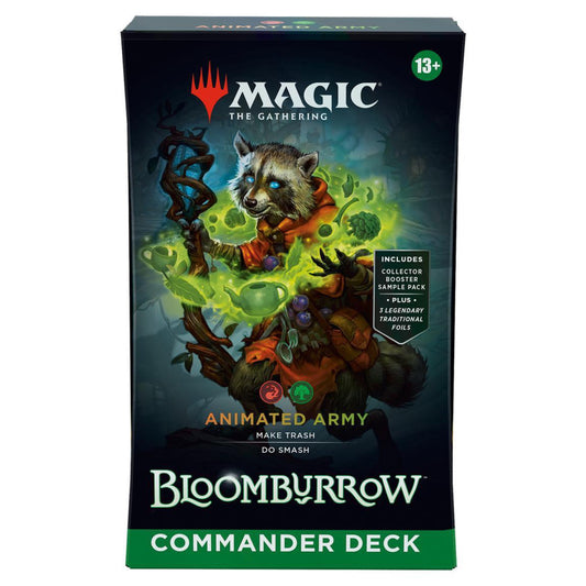 Magic: The Gathering Bloomburrow Commander Deck box with green magic and raccoon creature