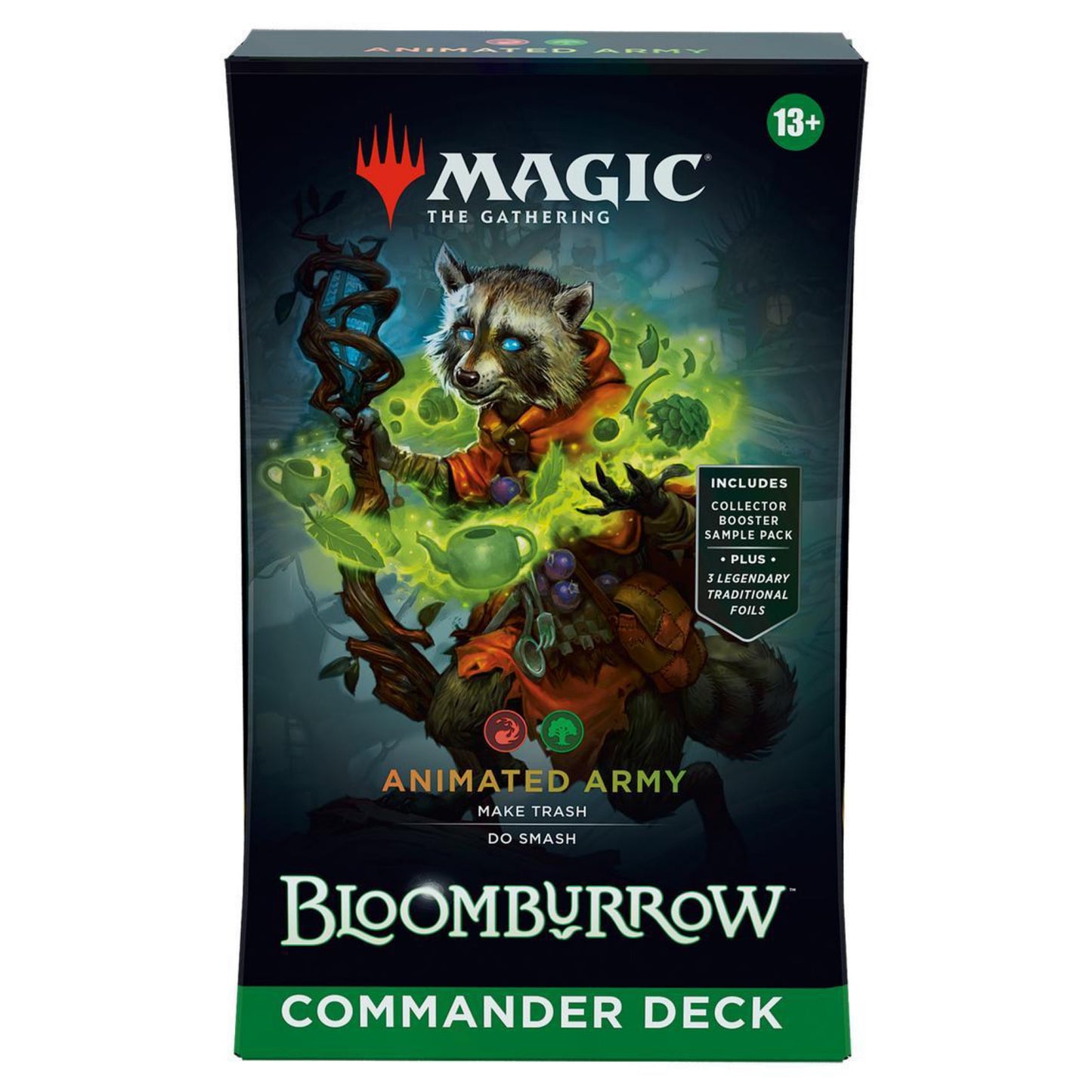 Magic The Gathering Bloomburrow Commander Deck box with raccoon creature and green magic effects