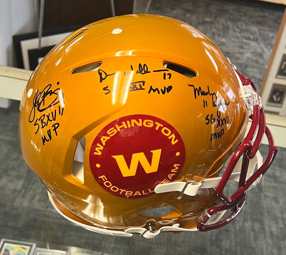 Signed yellow Washington Football Team helmet with Riggins, Williams, and Rypien signatures