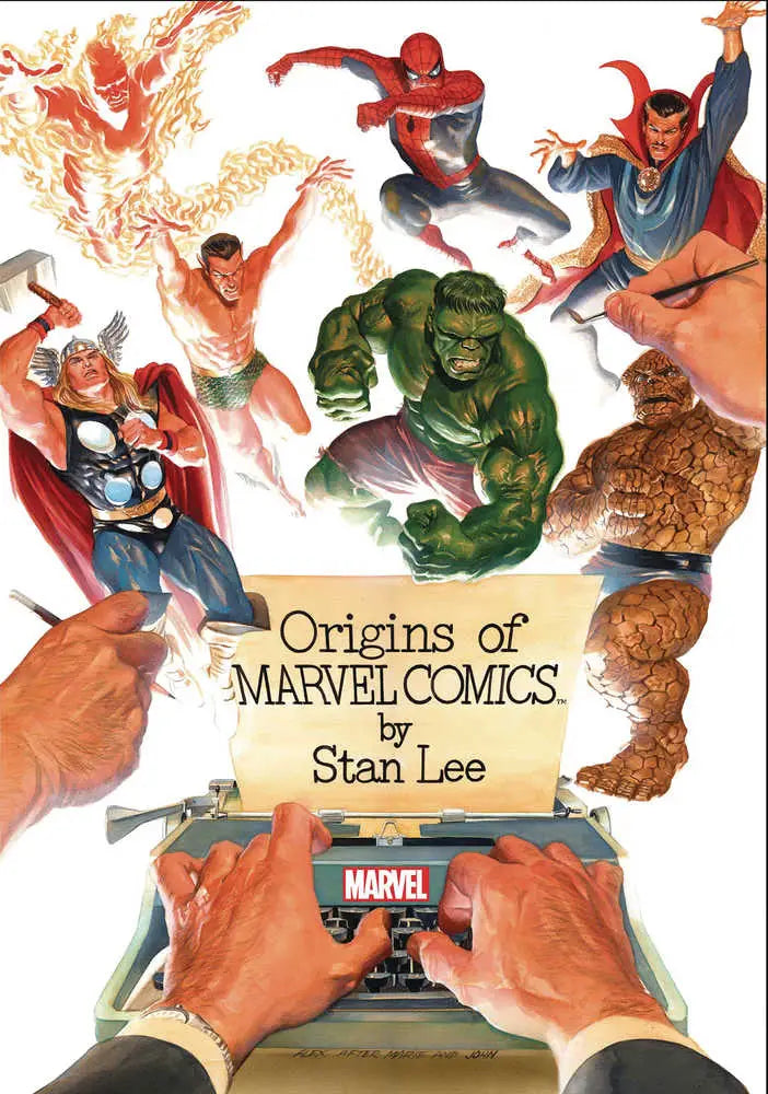 Book cover of Origins of Marvel Comics Deluxe Hardcover Edition by Stan Lee, featuring heroes