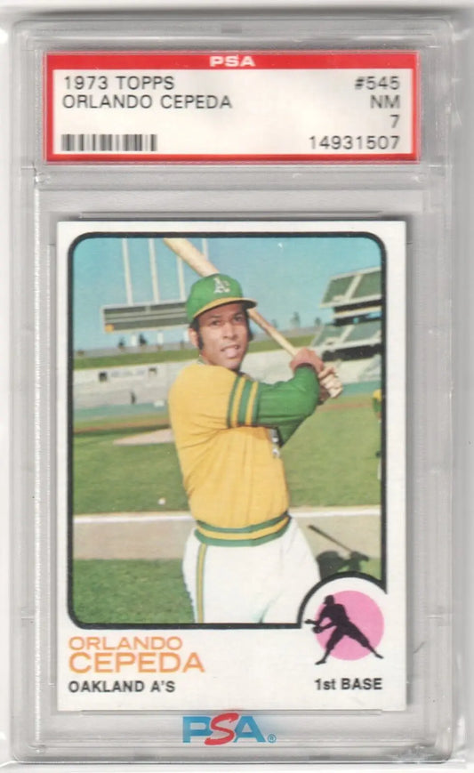 1973 Topps Orlando Cepeda baseball card PSA 7 in protective case from Columbia Hobby