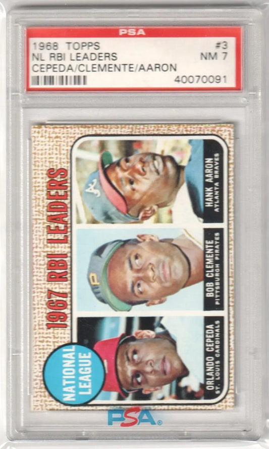 1968 Topps Baseball card of Orlando Cepeda, Roberto Clemente, Hank Aaron in PSA 7 NM case