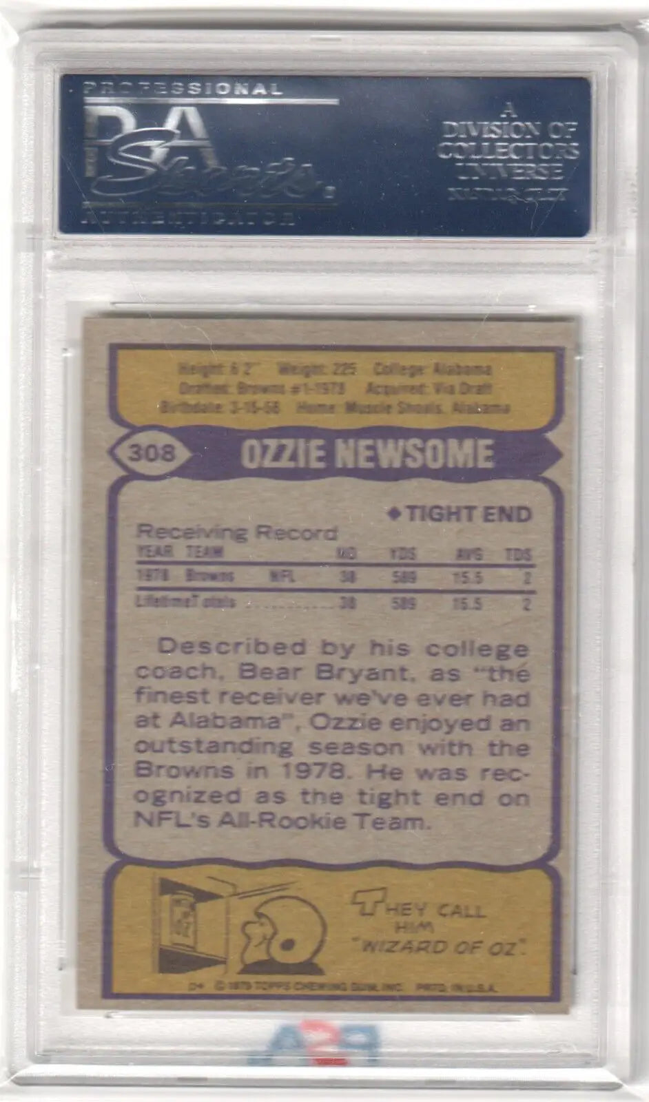 PSA-graded OZZIE NEWSOME 1979 Topps RC Rookie card in clear case from Columbia Hobby