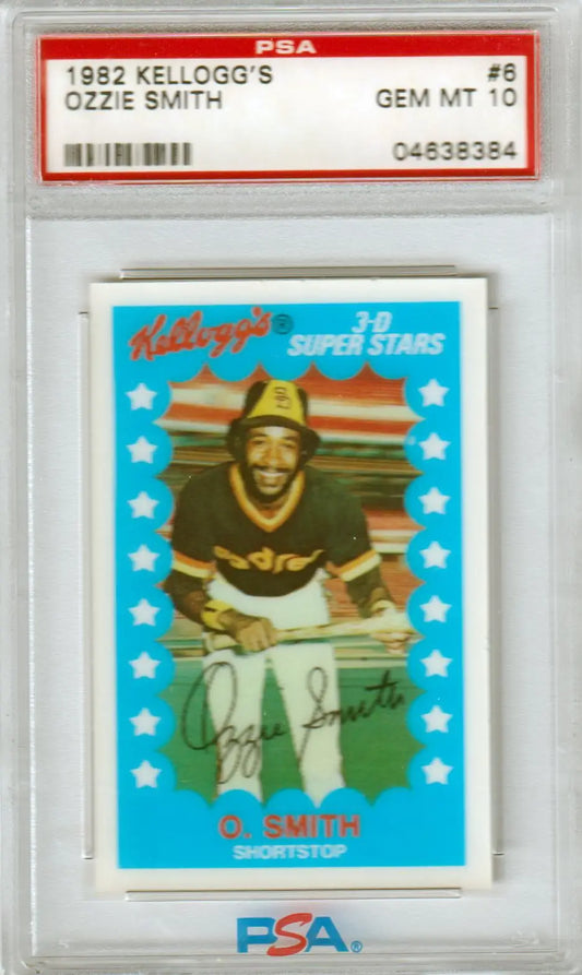 PSA-graded Ozzie Smith 1982 Kellogg’s baseball card on a starry blue background