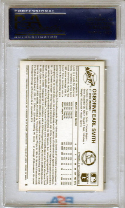 PSA-graded Ozzie Smith 1982 Kellogg’s trading card back in protective case from Columbia Hobby