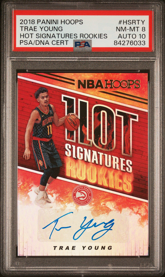 Trae Young 2018 Hoops Hot Signatures Auto PSA 8 Auto 10 basketball card displayed