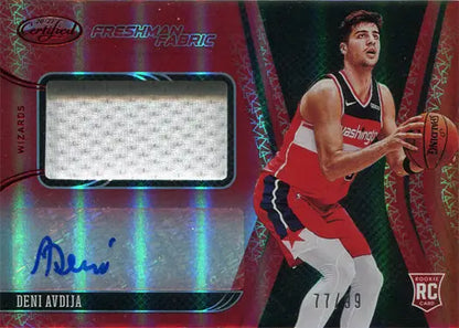 Basketball trading card of Deni Avdija with jersey patch and autograph in red uniform