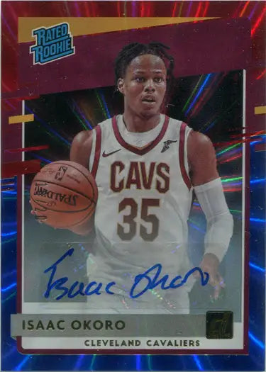 Cleveland Cavaliers Isaac Okoro blue laser trading card in white jersey number 35