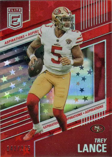 Football trading card of San Francisco 49ers quarterback Trey Lance in red stars parallel