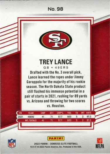 Football trading card highlighting San Francisco 49ers logo and Aspirations Red Stars stats