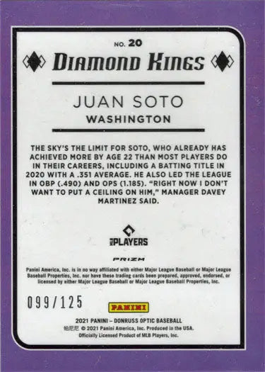 Baseball card of Juan Soto, Washington Nationals Diamond Kings series from Panini Donruss