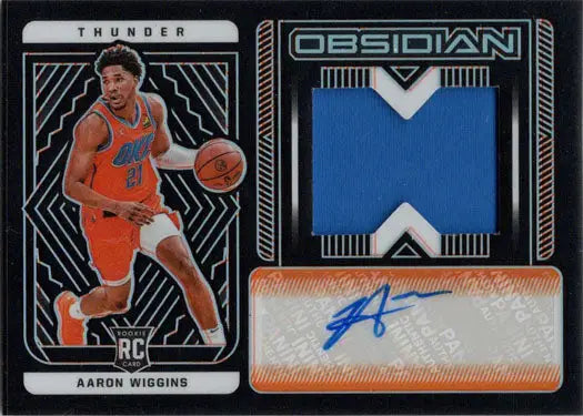 Basketball trading card of Aaron Wiggins, featuring an autograph relic and blue jersey patch