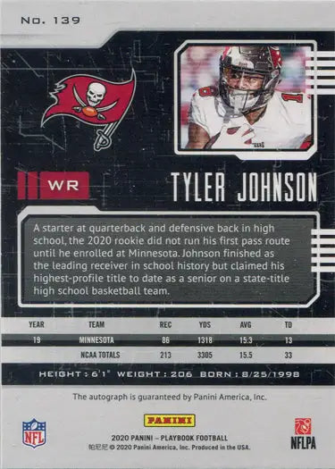 Football trading card featuring Tyler Johnson from Panini Playbook Football 2020