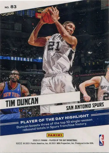 Tim Duncan in white San Antonio Spurs jersey on Panini Player of the Day base card