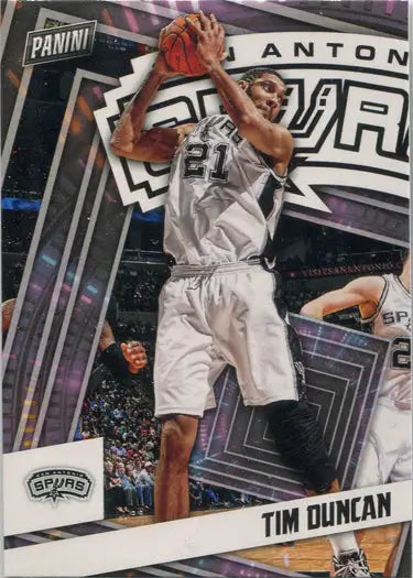 Basketball trading card featuring Tim Duncan in a white Spurs uniform for Panini Player of the Day