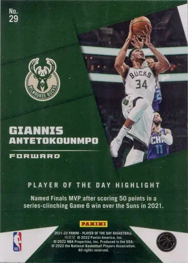 Basketball trading card featuring Giannis Antetokounmpo in action for Milwaukee Bucks