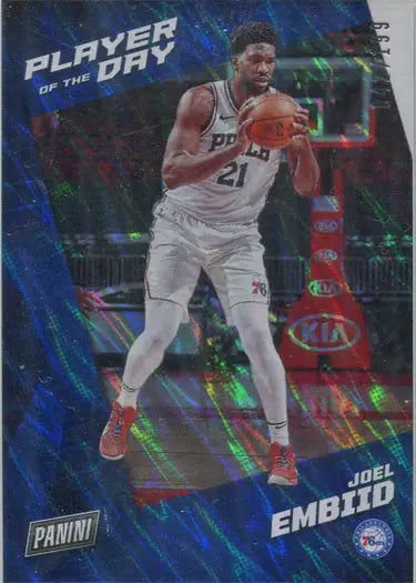 Basketball trading card of Joel Embiid in white uniform, featuring Lava Parallel Base design