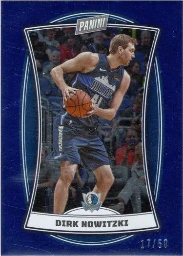 Basketball trading card of Dirk Nowitzki in action, featuring a blue foil parallel design