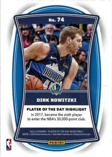 Basketball trading card of Dirk Nowitzki featuring blue foil parallel for Dallas Mavericks