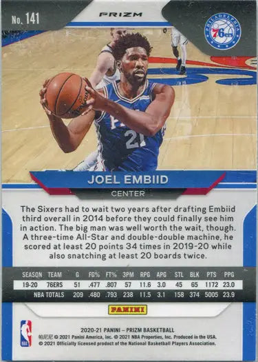 Basketball trading card of Joel Embiid in action, featuring a Red White Blue parallel design