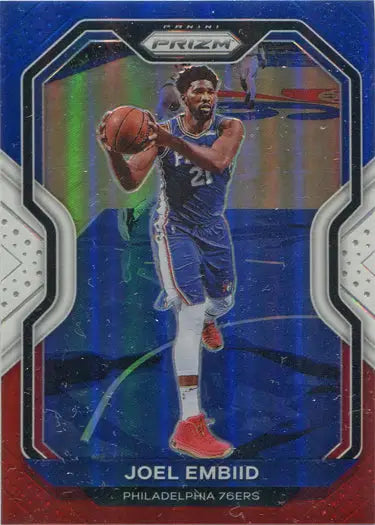 Basketball trading card of Joel Embiid in blue uniform, showcasing Red White Blue parallel