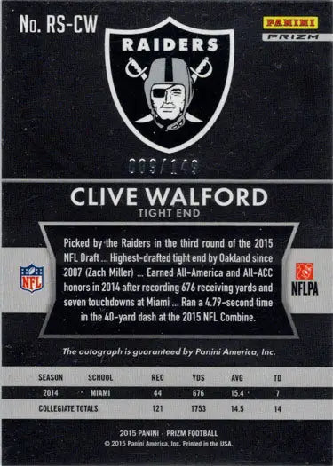 Football trading card featuring Clive Walford in Blue Prizm Autograph design