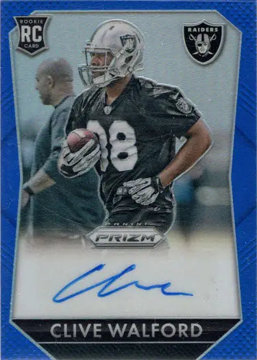 Football trading card featuring Clive Walford in a Raiders jersey, blue prizm autograph