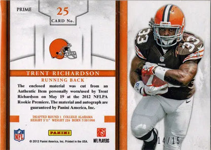 Cleveland Browns patch card of Trent Richardson in action for football trading cards