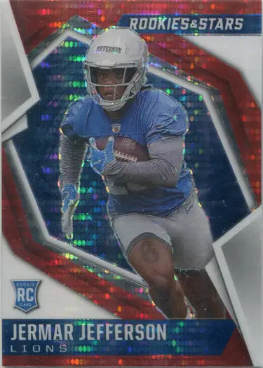 Football trading card of Jermar Jefferson in blue jersey, showcasing Red Pulsar Prizm design