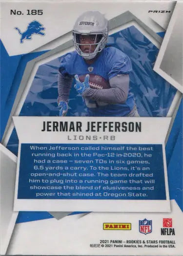 Football trading card of Jermar Jefferson in blue uniform, red pulsar prizm design