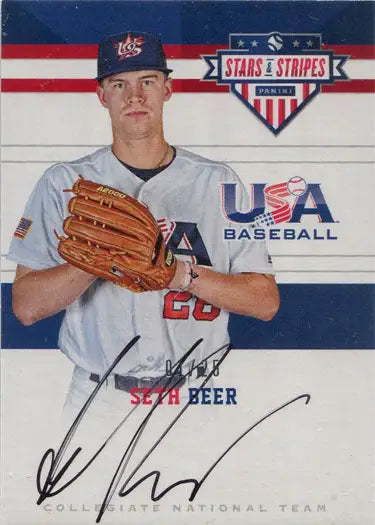 Baseball player in USA uniform with glove featured on Panini USA Stars autograph card