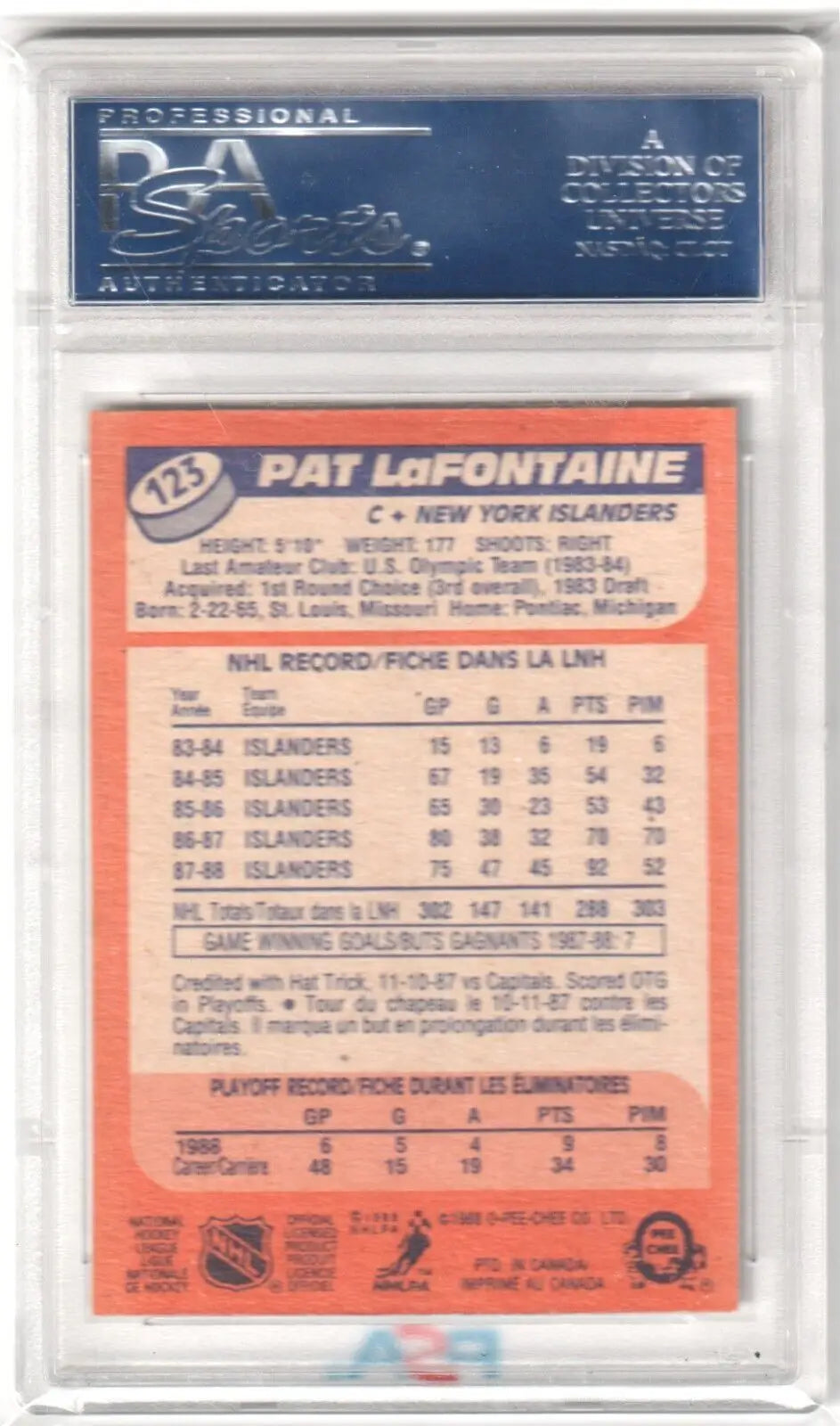 PSA-graded Pat LaFontaine 1988-89 O-Pee-Chee #123 trading card in protective case, Columbia Hobby