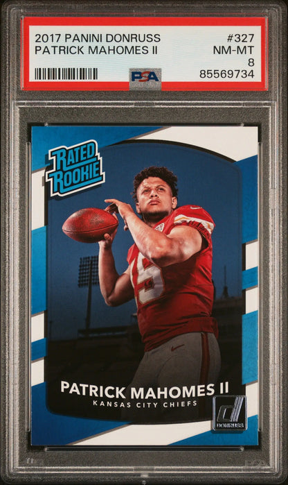 PSA-graded Patrick Mahomes 2017 Donruss Rated Rookie football card in NM-Mint condition