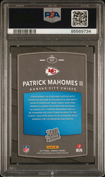 Patrick Mahomes 2017 Donruss #327 PSA 8 NM-Mint NFL trading card in protective case