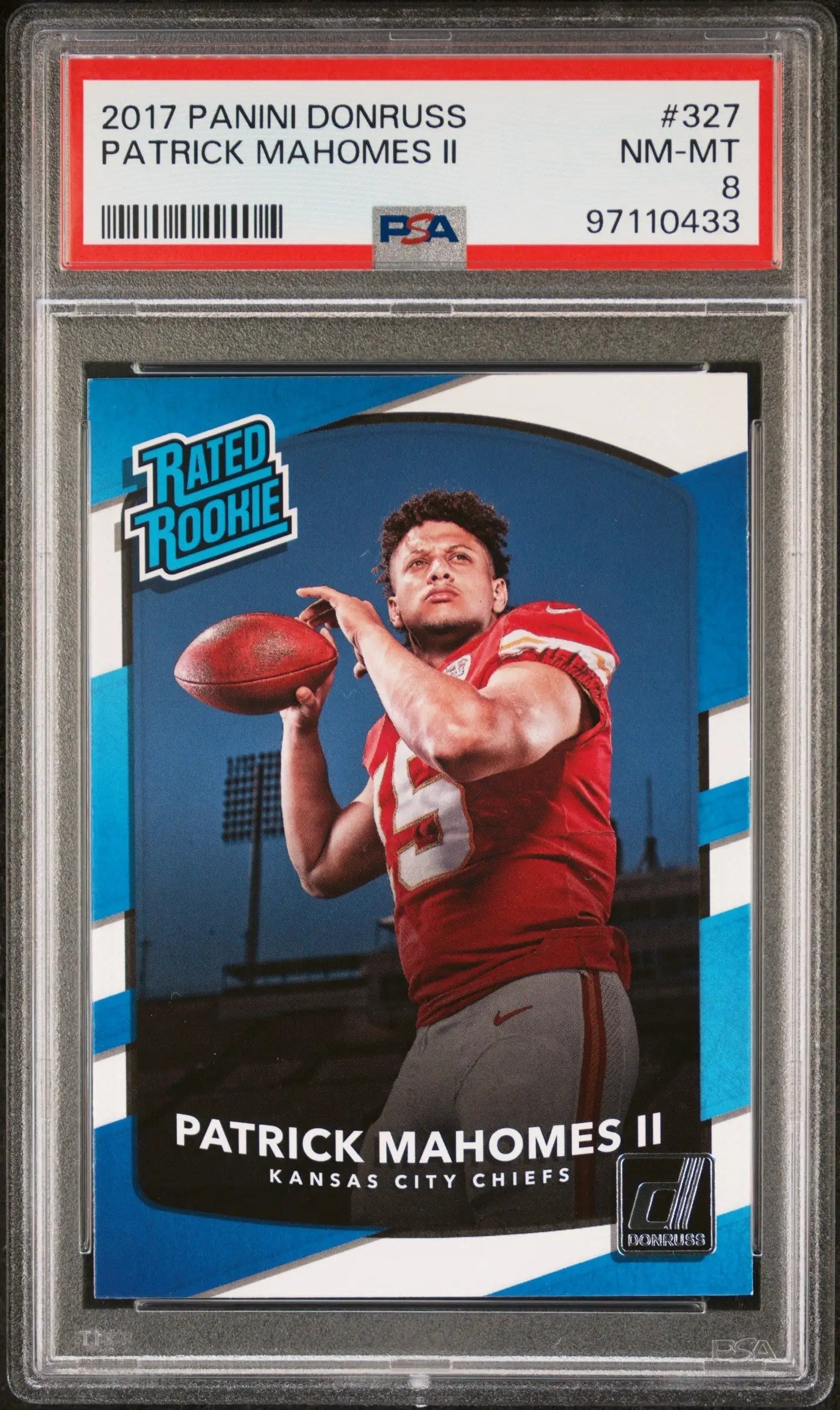 PSA-graded Patrick Mahomes 2017 Donruss Rated Rookie football card in red jersey